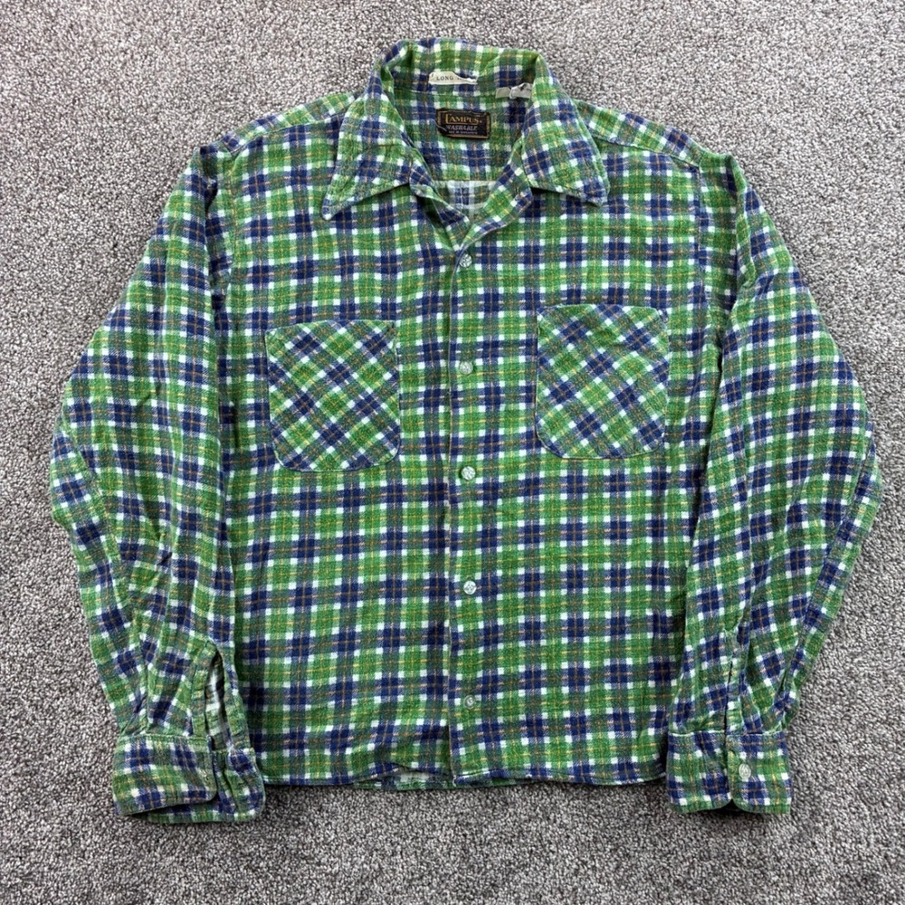 Vintage 60s/70s Printed Flannel Shirt Mens M Campus 100% Cotton USA Plaid